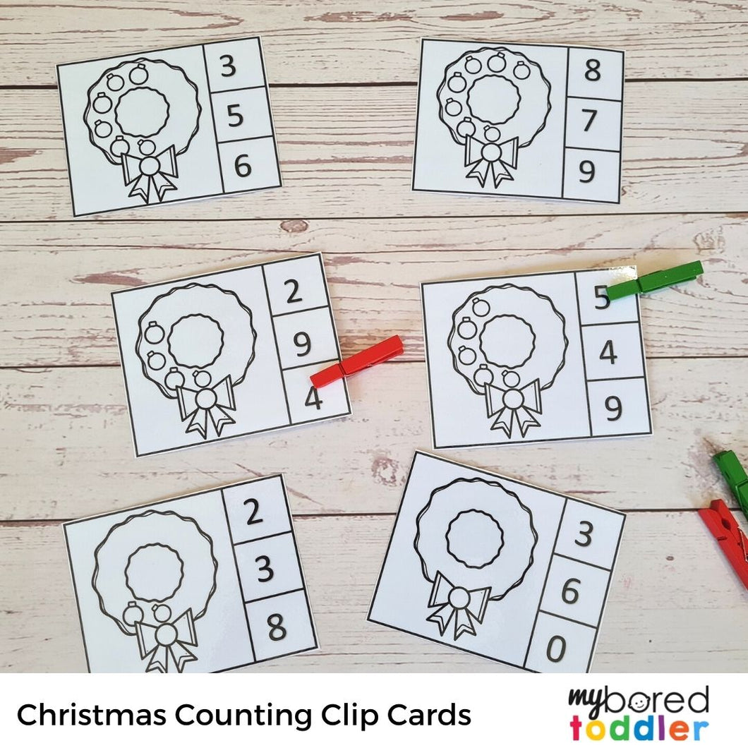 Christmas Wreath Counting Clip Cards Black and White
