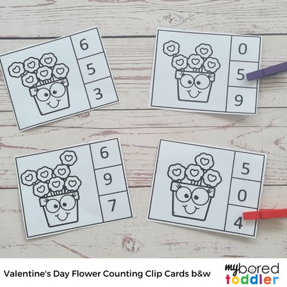 Valentine's Day Flower Counting Clip Cards 0 - 10 Black and White