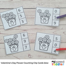Load image into Gallery viewer, Valentine&#39;s Day Flower Counting Clip Cards 0 - 10 Black and White

