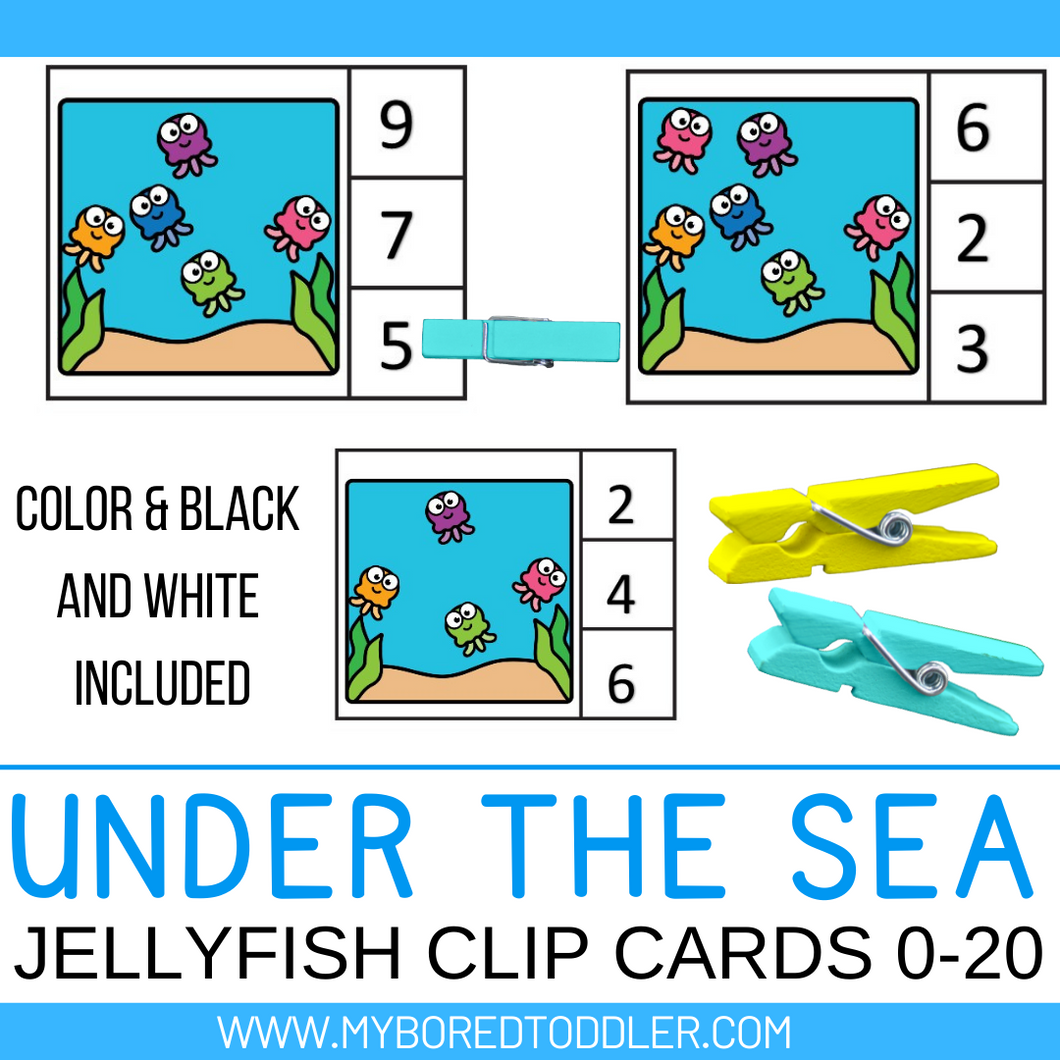 Under the Sea / Ocean Jellyfish Counting Clip Cards 0-20 Color & Black and White