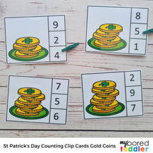 Load image into Gallery viewer, St Patrick&#39;s Day Counting Clip Cards 0-10 Gold Coins Color &amp; B&amp;W
