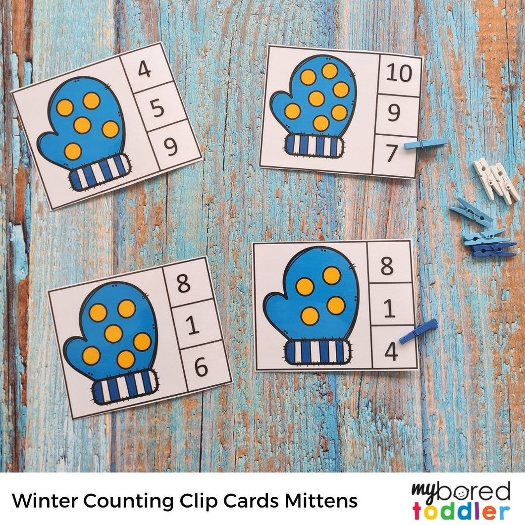 Winter Counting Clip Cards 0 - 10 Mittens Color & Black and White
