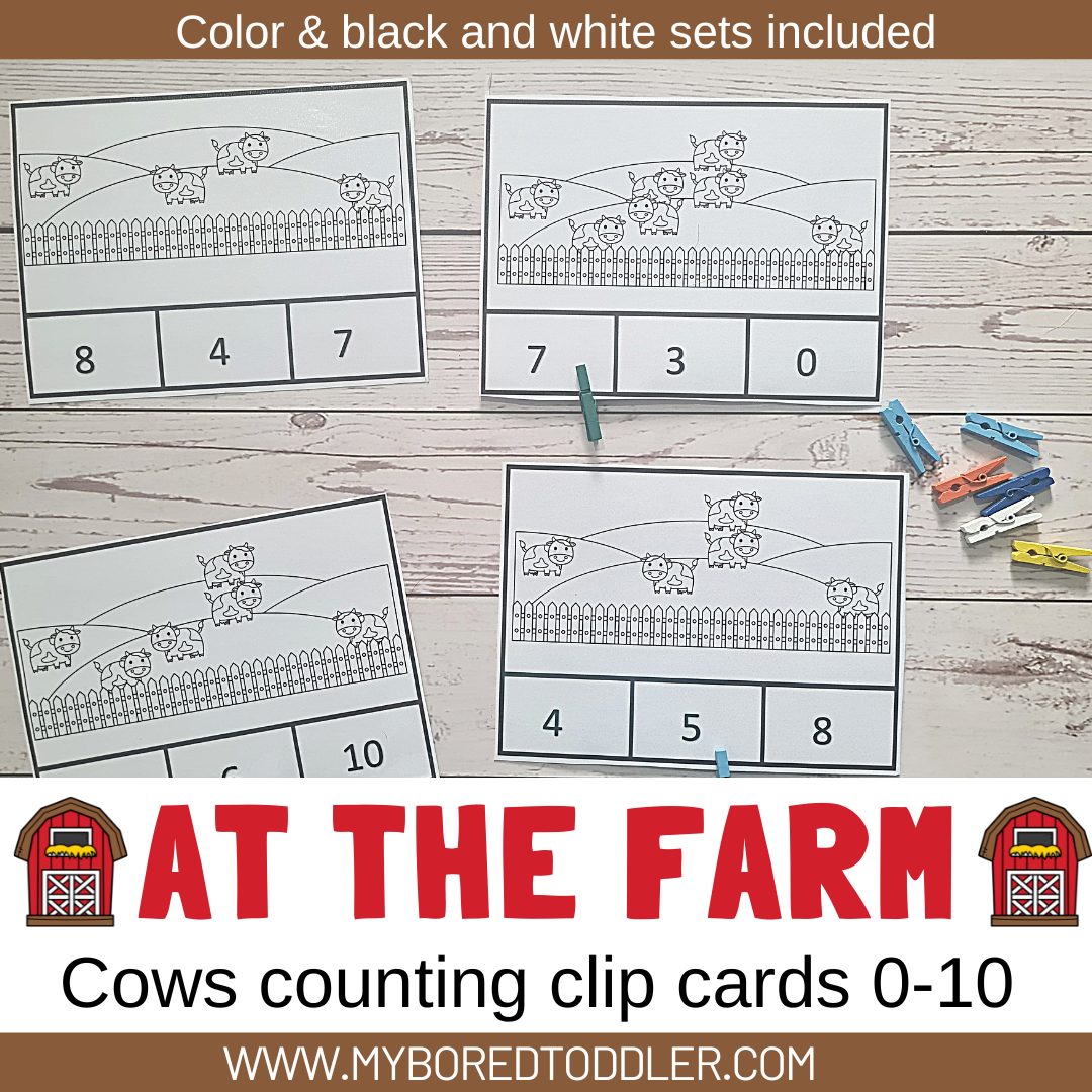 FARM THEMED Counting Clip Cards 0-10 count the cows Color & B&W