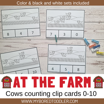 FARM THEMED Counting Clip Cards 0-10 count the cows Color & B&W