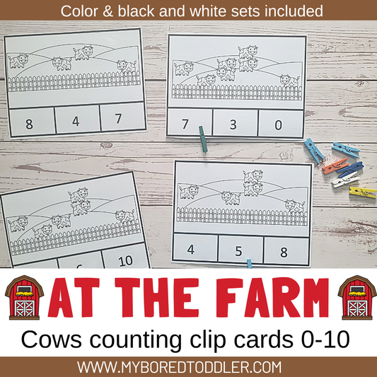 FARM THEMED Counting Clip Cards 0-10 count the cows Color & B&W