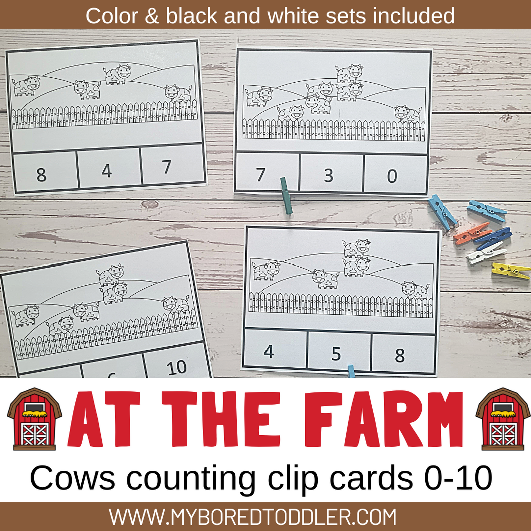 FARM THEMED Counting Clip Cards 0-10 count the cows Color & B&W