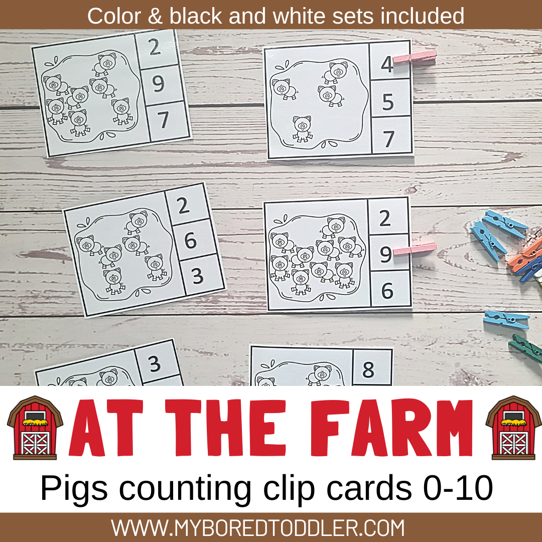 FARM THEMED Counting Clip Cards 0-10 count the pigs Color & B&W