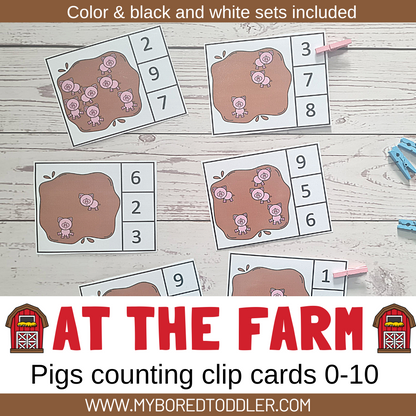 FARM THEMED Counting Clip Cards 0-10 count the pigs Color & B&W