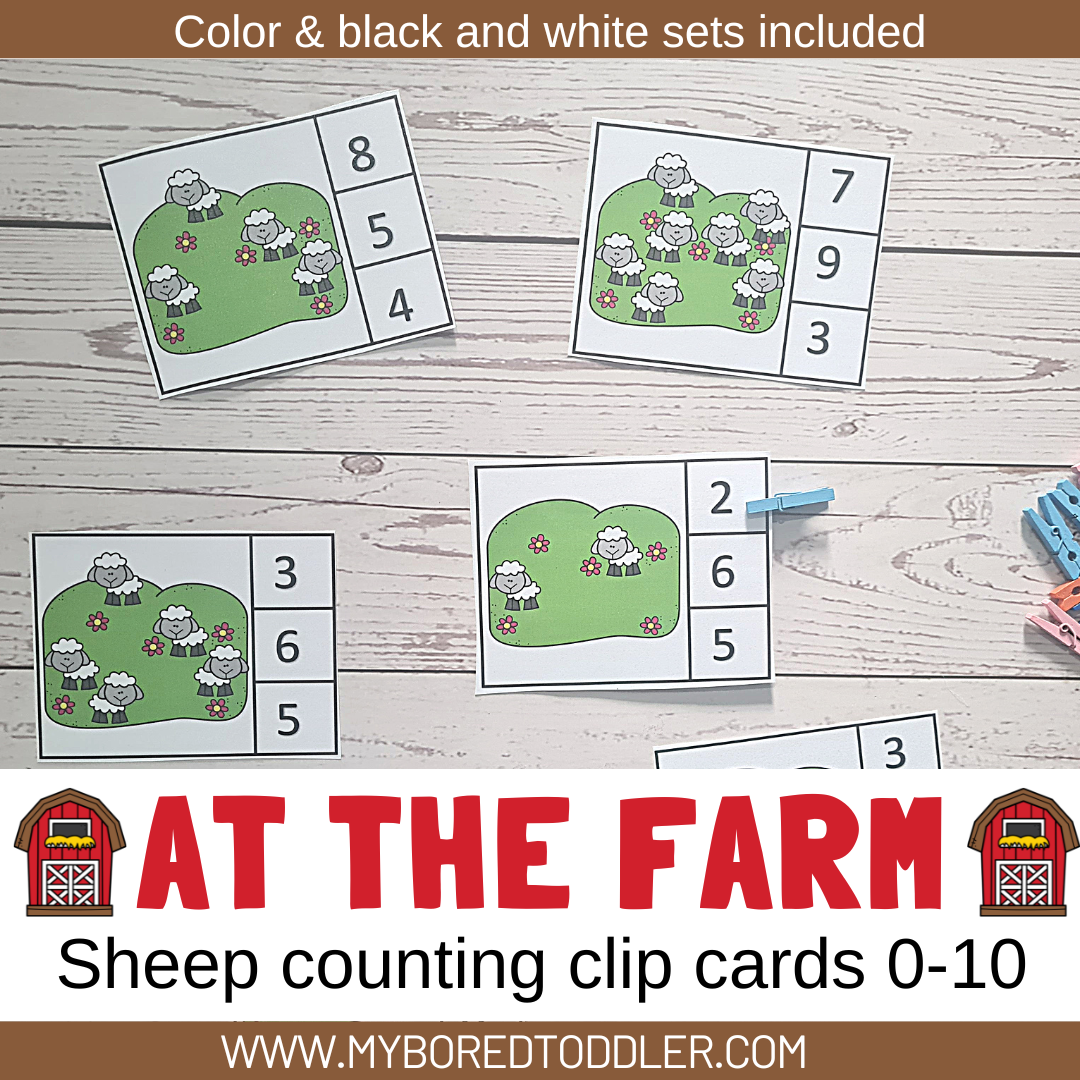 FARM THEMED Counting Clip Cards 0-10 count the sheep Color & B&W