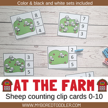 Load image into Gallery viewer, FARM THEMED Counting Clip Cards 0-10 count the sheep Color &amp; B&amp;W
