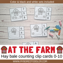 Load image into Gallery viewer, FARM THEMED Counting Clip Cards 0-10 count the hay bales Color &amp; B&amp;W
