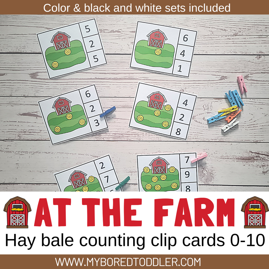 FARM THEMED Counting Clip Cards 0-10 count the hay bales Color & B&W