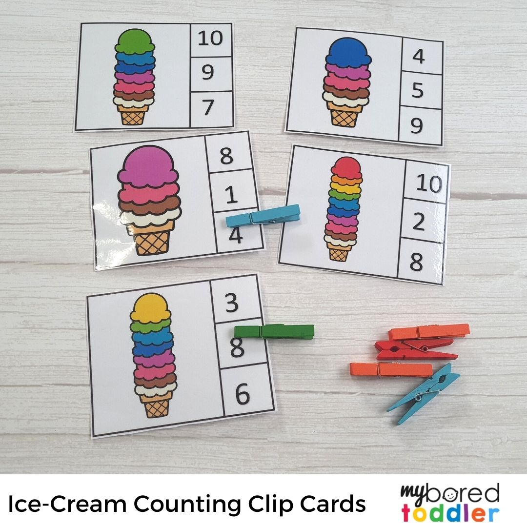 Summer Ice-Cream Counting Clip Cards 0-10 – My Bored Toddler