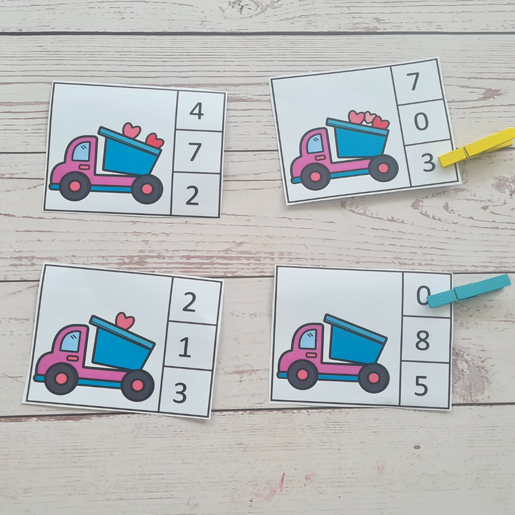 Valentine's Day Truck Counting Clip Cards 0 - 10 Color