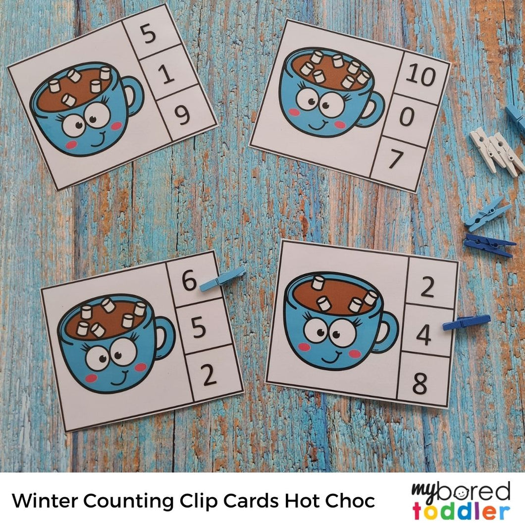 Winter Counting Clip Cards 0 -10   - Hot Chocolate - Color & Black and White