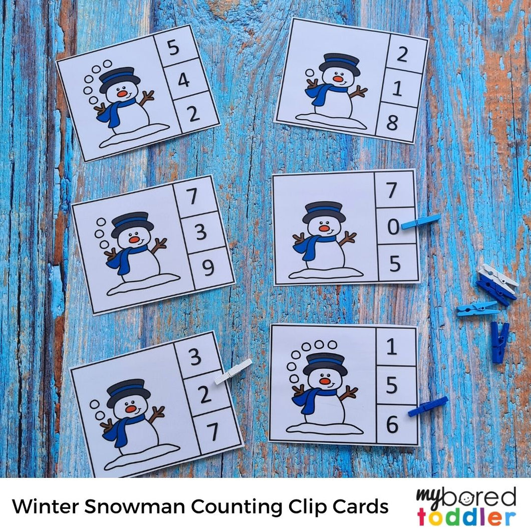Winter Snowman Counting Clip cards 0 - 10 Color & Black & White